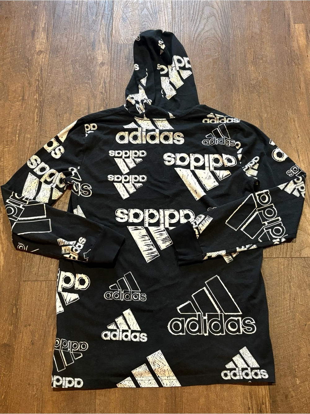 adidas black and white hooded long sleeve with adidas logo all over Size Large - Picture 6 of 8